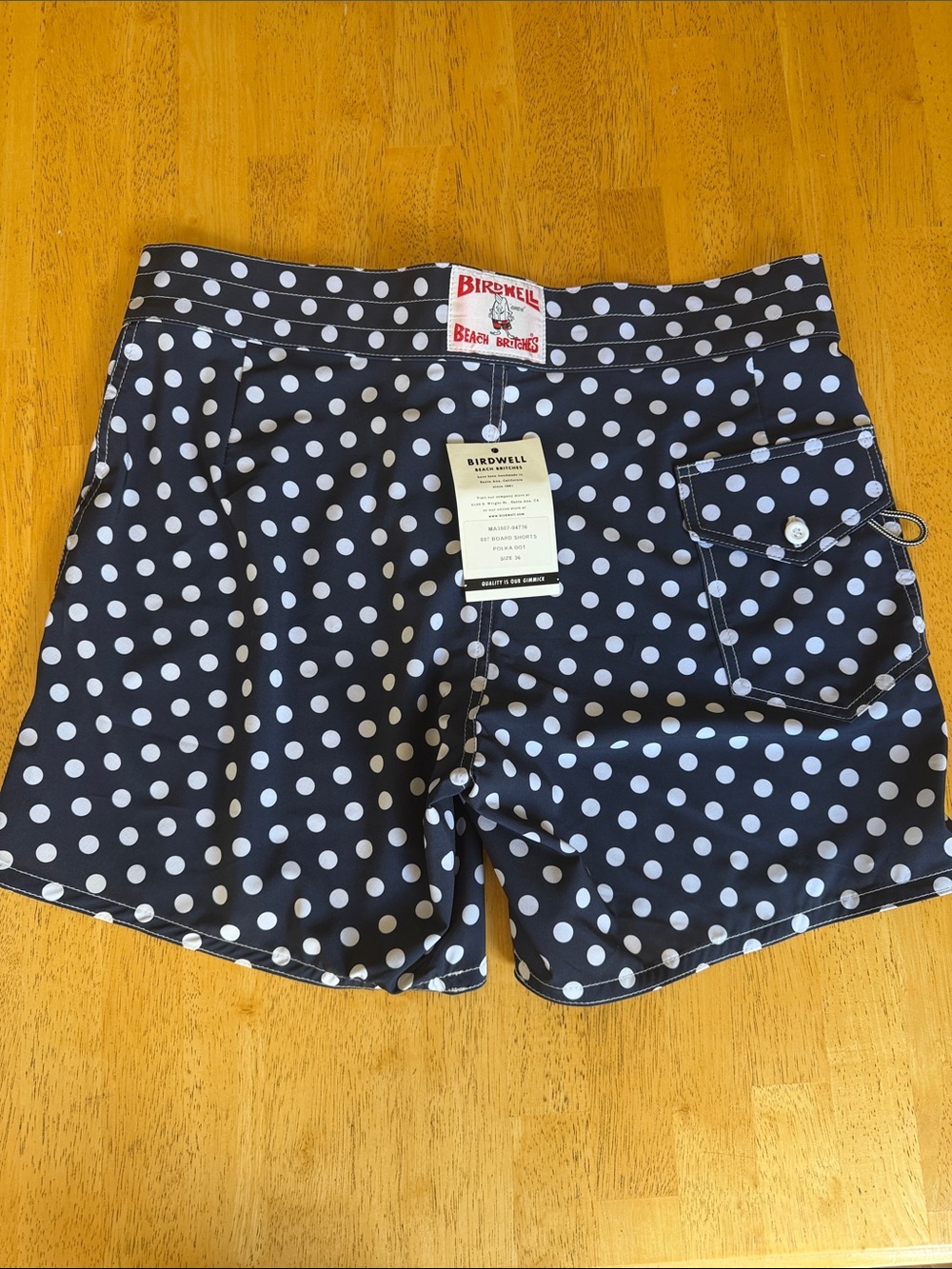 NWT Birdwell Men’s Navy and White Polka Dot Board Shorts - 36 Waist - 7” Inseam